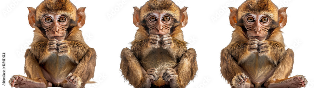 Three Curious Baby Monkeys Sitting on a White Background Three Curious Baby Monkeys Sitting on a White Background