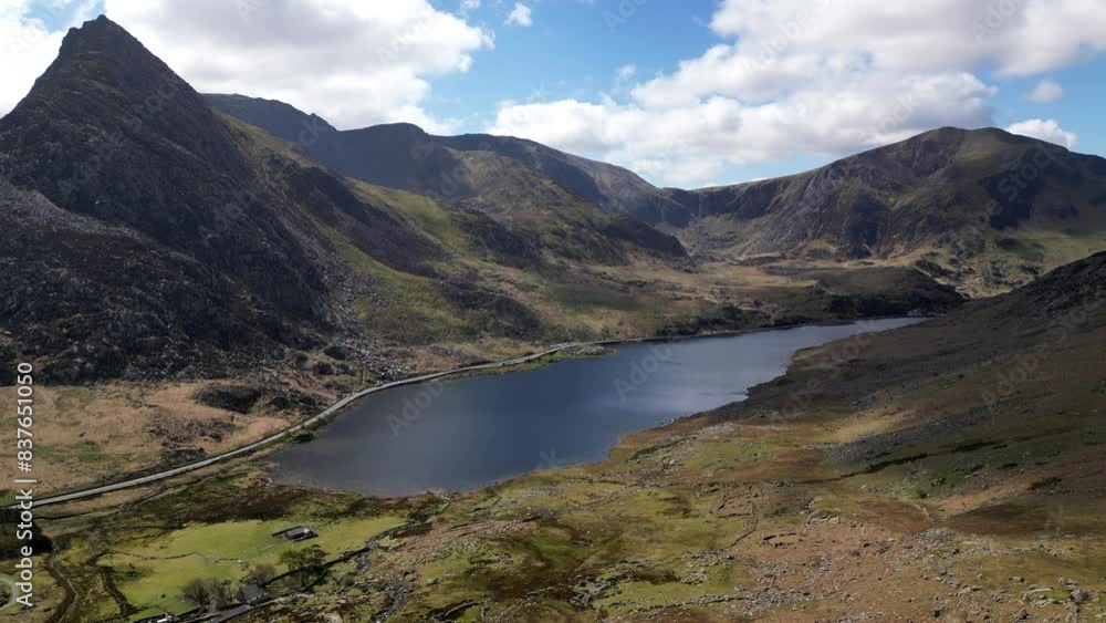 Aerial view of the Ogwen Valley and Snowdonia in North Wales, with Llyn Ogwen and the A5 road Aerial view of the Ogwen Valley and Snowdonia in North Wales, with Llyn Ogwen and the A5 road