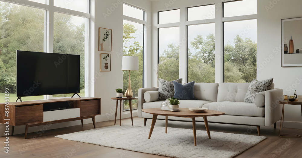 Obraz premium Bright and airy living room adorned with natural elements and bathed in sunlight streaming through expansive windows