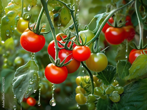 tomato bushes, heavy with ripe red fruit, are portrayed in this mesmerizing photograph that captures the essence of nature's bounty
