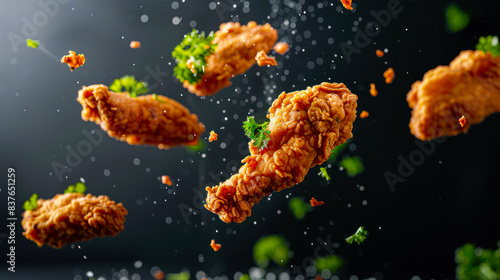 Delicious crispy fried chicken tenders flying with spices and green parsley on dark background. crispy golden fried chicken levitation. restaurant menu chicken classic nuggets tenders meal, recipe