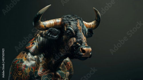 Image of a bull photographed with studio lights, a bull with a Japanese tattoo, on a black background.