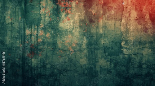 A grungy wall with red and green paint splatters; one wall bears these colors, while the other lies hidden behind it photo