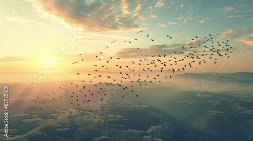 A flock of birds migrating across a vast landscape photo