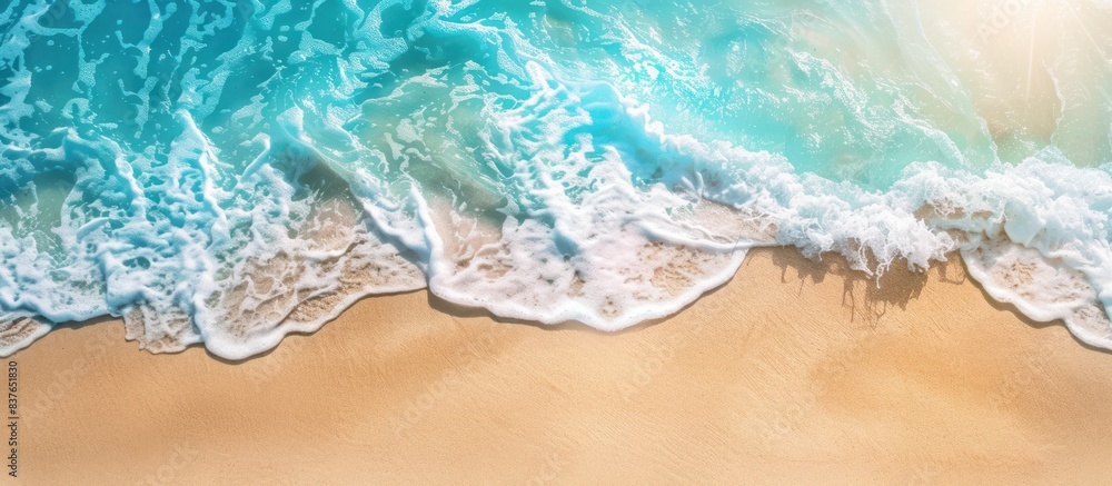 Top view of light blue transparent abstract water waves with beach sand. generative AI image Top view of light blue transparent abstract water waves with beach sand. generative AI image