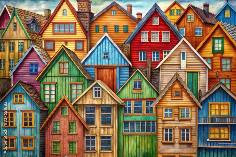 A colorful painting of many houses, houses made by wood, houses made in the same shape but different colors and sizes, houses with wooden windows A colorful painting of many houses, houses made by wood, houses made in the same shape but different colors and sizes, houses with wooden windows