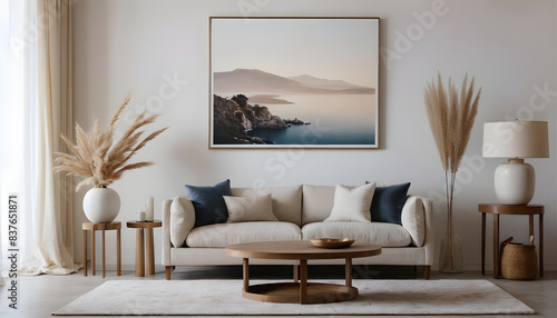 Unwinding in an elegant living space, taking in the tranquil ocean artwork. The interior designer has crafted a peaceful ambiance