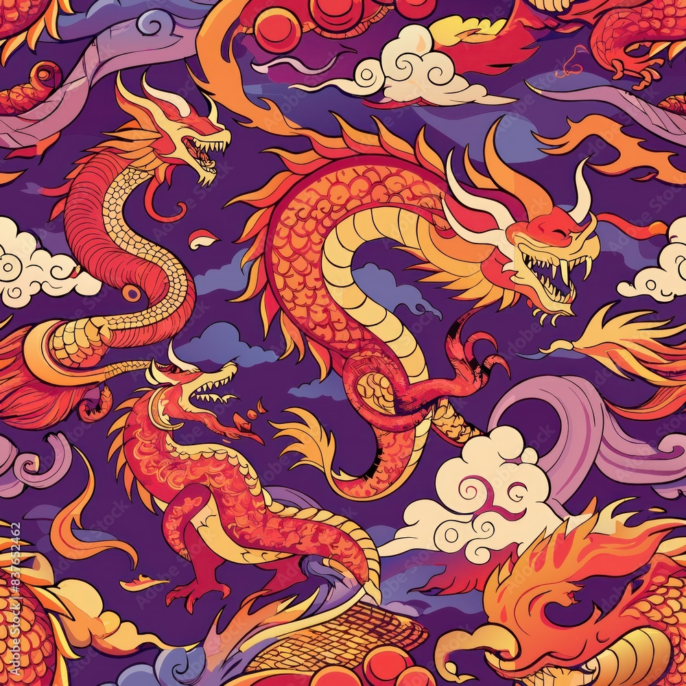 Seamless pattern of mystical dragons with swirling clouds and flames, Generative AI Seamless pattern of mystical dragons with swirling clouds and flames, Generative AI