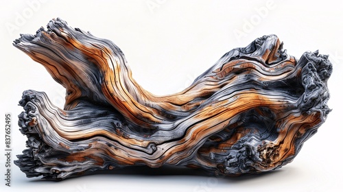 A lively piece of driftwood with intricate turns and a sleek surface isolated.