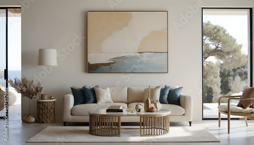 Interior designer adding final touches to the coffee table in a bright living room with a large ocean painting