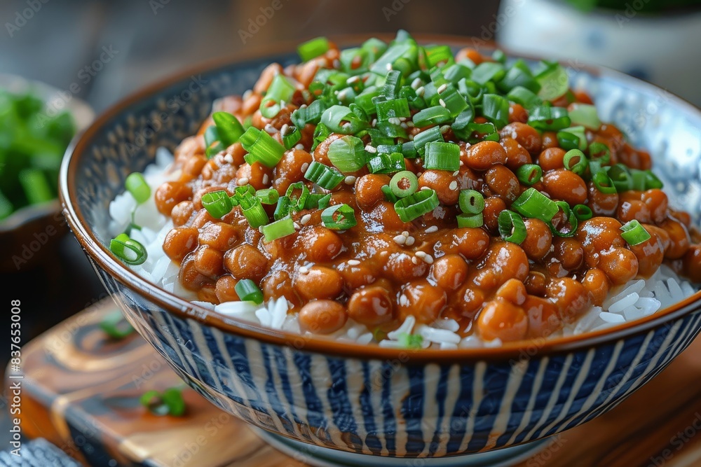 Natto - Fermented soybeans served over rice, often garnished with green onions. Natto - Fermented soybeans served over rice, often garnished with green onions.