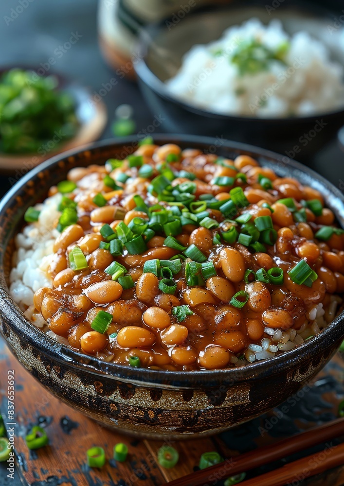 Natto - Fermented soybeans served over rice, often garnished with green onions. Natto - Fermented soybeans served over rice, often garnished with green onions.
