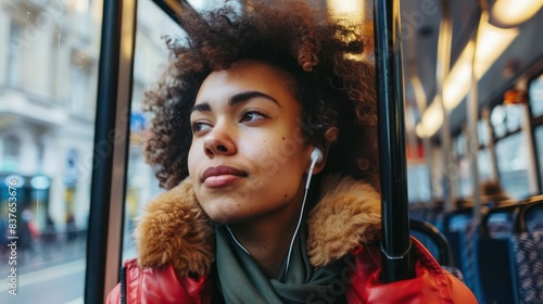 An urban portrait of a stylish young woman leaning against a pole on the bus, enjoying music through her earbuds. 