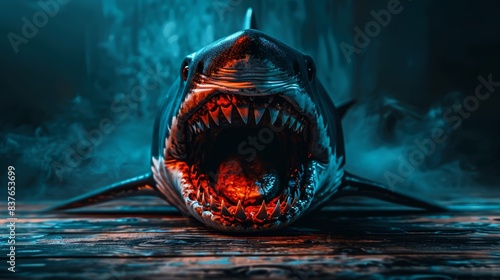  A shark with its mouth wide open Repeated phrases have been removed for clarity
