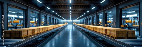 A modern warehouse with automated machinery and conveyor belts transporting large wooden crates, showcasing efficient logistics operations.