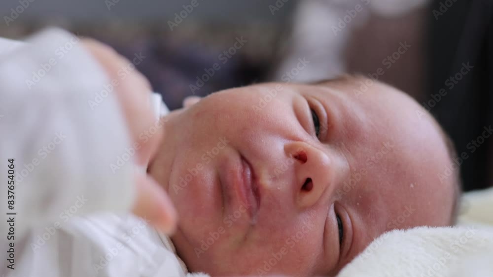 Closeup of falling asleep newborn baby boy in striped suit lying on bed Closeup of falling asleep newborn baby boy in striped suit lying on bed