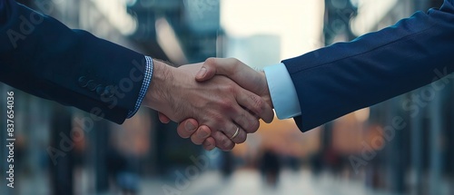 Businessmen shaking hands after a successful negotiation, with a view of a busy office space in the background