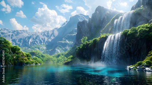 Serene Waterfall Cascading into Crystal Clear Mountain Lake Amidst Lush Greenery and Towering Peaks
