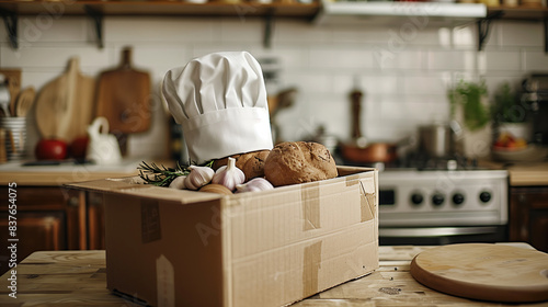 A single box overflowing with kitchen tools, a chef's hat perched on top, ready for unpacking in a new kitchen. photo