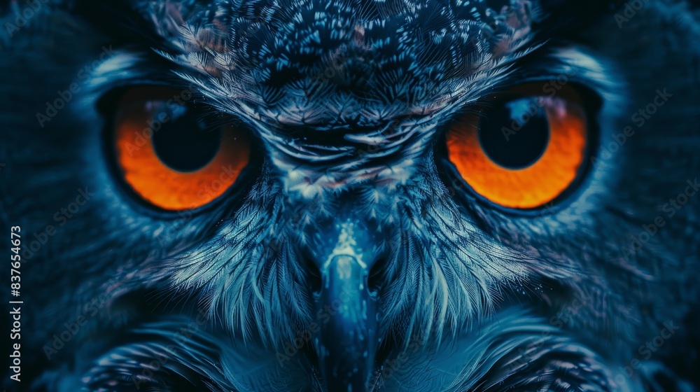 A tight shot of an orange-eyed owl's face against a black backdrop, featuring its piercing gaze from the center A tight shot of an orange-eyed owl's face against a black backdrop, featuring its piercing gaze from the center