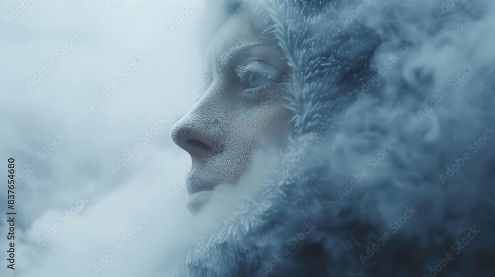 A tight shot of a person's face with smoke billowing from one side and the back A tight shot of a person's face with smoke billowing from one side and the back