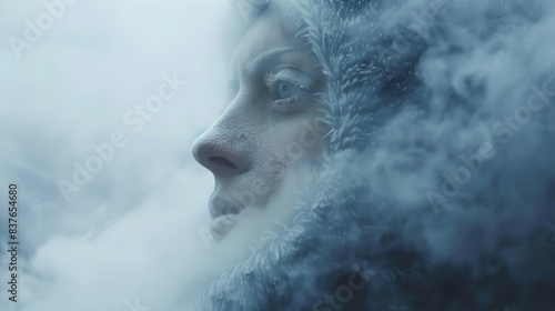  A tight shot of a person's face with smoke billowing from one side and the back