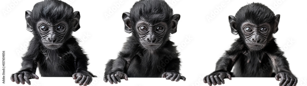 Three Young Black Monkeys Looking Forward on White Background Three Young Black Monkeys Looking Forward on White Background