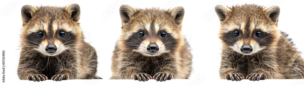 Three Baby Raccoons Looking at the Camera on a White Background Three Baby Raccoons Looking at the Camera on a White Background