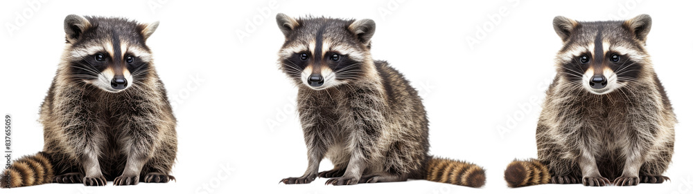 Three Raccoons Sitting Against White Background Three Raccoons Sitting Against White Background