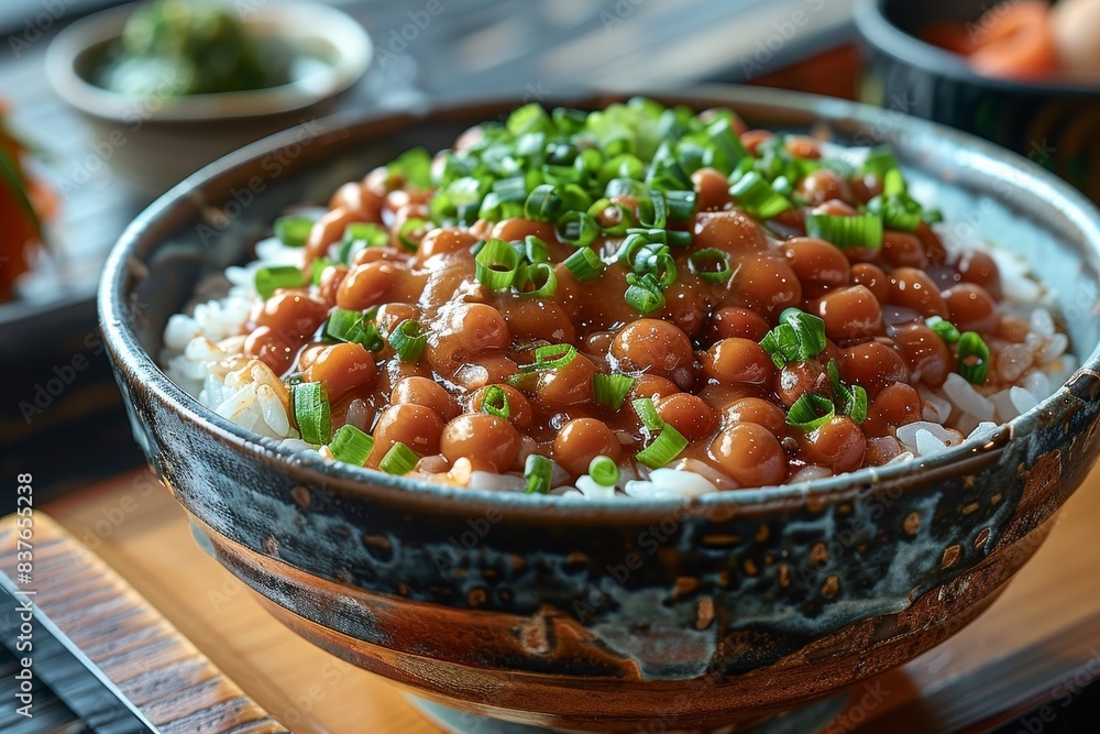 Natto - Fermented soybeans served over rice, often garnished with green onions. Natto - Fermented soybeans served over rice, often garnished with green onions.