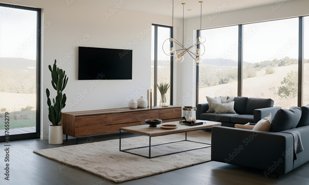 Enjoying a stylish and spacious living room, with large windows offering stunning views of the countryside Enjoying a stylish and spacious living room, with large windows offering stunning views of the countryside