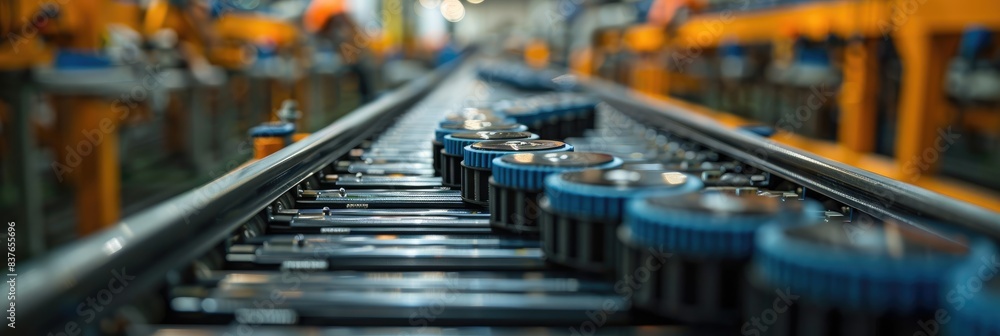 Close-up of a conveyor belt in a manufacturing facility, highlighting the machinery and industrial process in focus. Close-up of a conveyor belt in a manufacturing facility, highlighting the machinery and industrial process in focus.