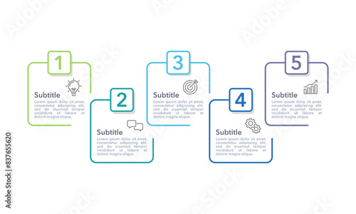 Infographic thin line frame design template. 5 options or process to success. Business presentation, Project, Banner, Marketing and  Workflow. Vector illustration.