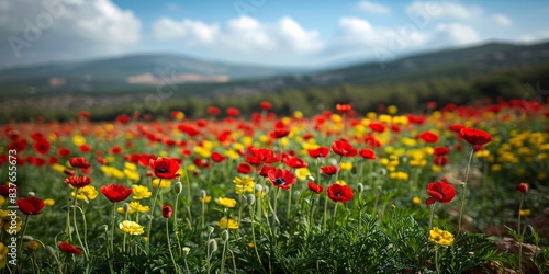 A peaceful spring morning with a beautiful display of crimson anemones and golden daisies  perfect for a picnic in the warm weather.