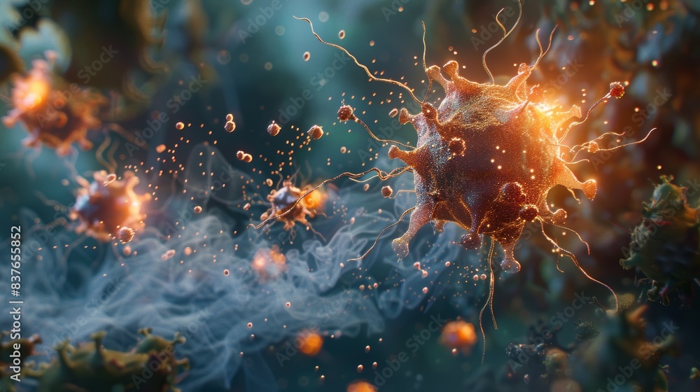 A detailed 3D model of a virus being neutralized by antibodies, illustrating the concept of immune defense. A detailed 3D model of a virus being neutralized by antibodies, illustrating the concept of immune defense.