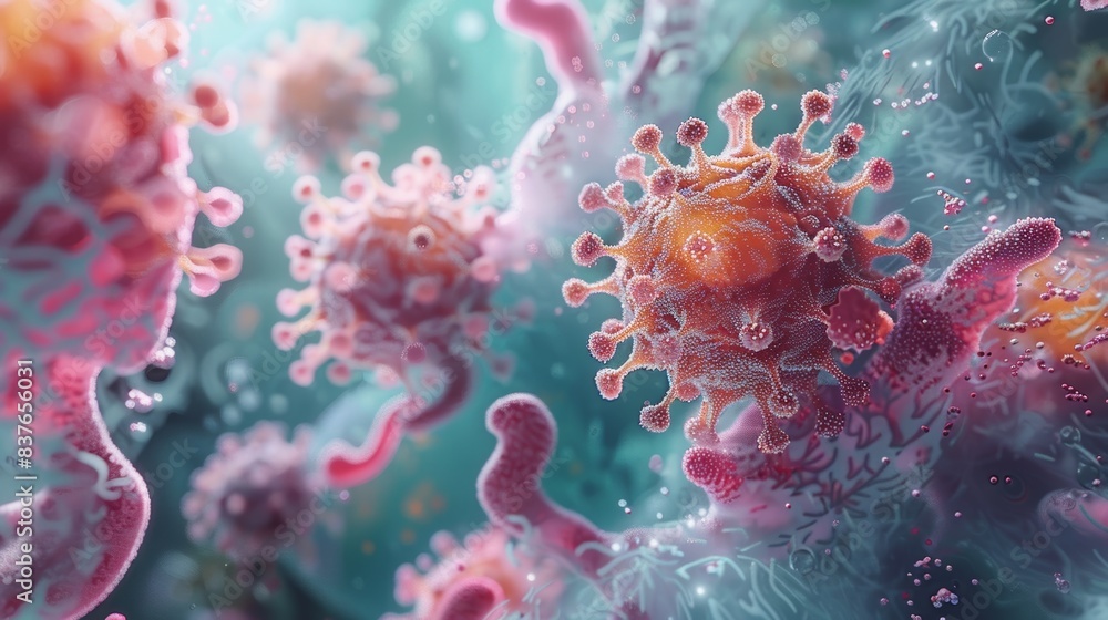 A 3D visualization of the interaction between a virus and respiratory cells, demonstrating how the virus attaches to and infects these cells, leading to respiratory syndromes. A 3D visualization of the interaction between a virus and respiratory cells, demonstrating how the virus attaches to and infects these cells, leading to respiratory syndromes.