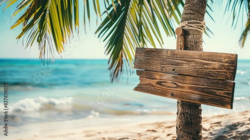 Highlight the simplicity of beachside living with an image showcasing an empty wooden signboard attached to a palm tree, set against the backdrop of sun-kissed sands and crystal-clear waters.