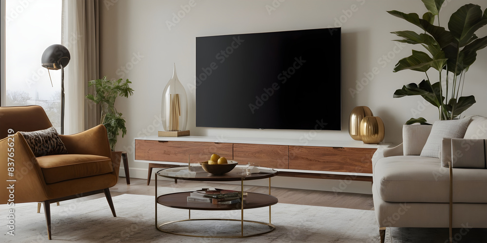 Showcasing a modern living room with stylish design, featuring a large television, comfortable seating, and elegant decor to create a cozy and inviting atmosphere Showcasing a modern living room with stylish design, featuring a large television, comfortable seating, and elegant decor to create a cozy and inviting atmosphere