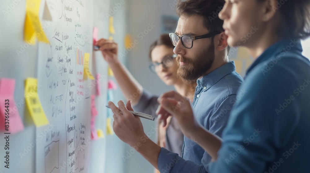 Two professionals carefully assessing project plans using sticky notes on a wall for a strategic planning session