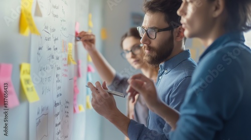 Two professionals carefully assessing project plans using sticky notes on a wall for a strategic planning session photo