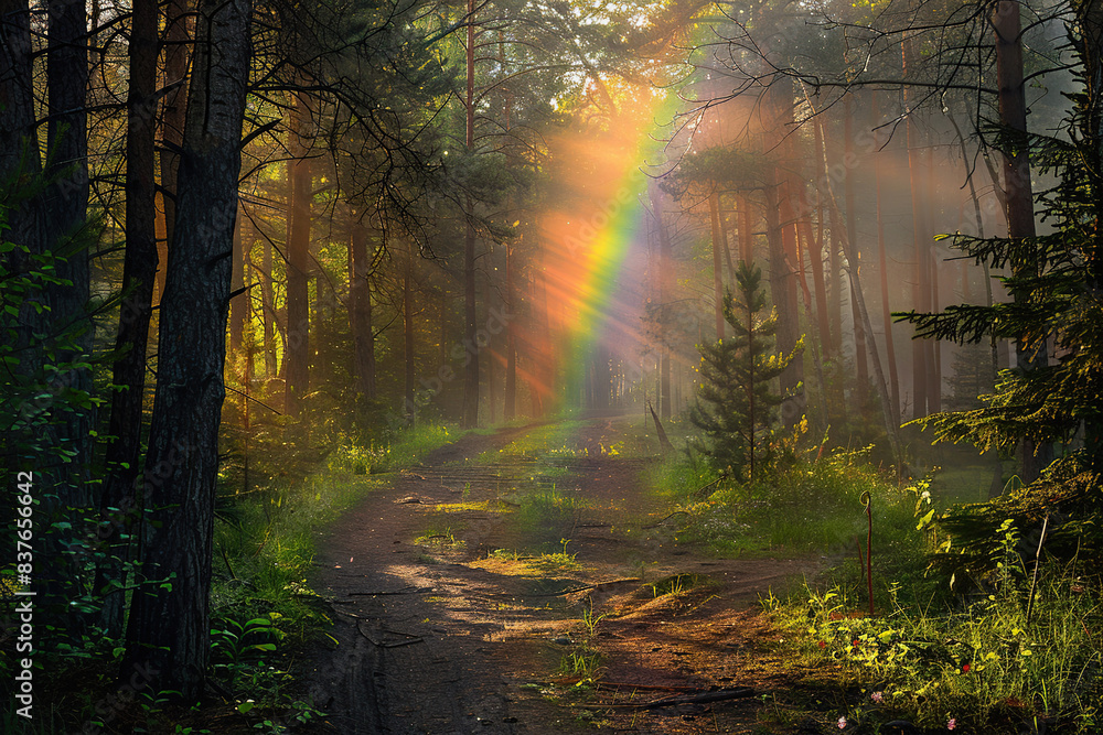 Fototapeta premium Generative ai on theme of beautiful tranquil landscape with magical bright rainbow at cloudy sky