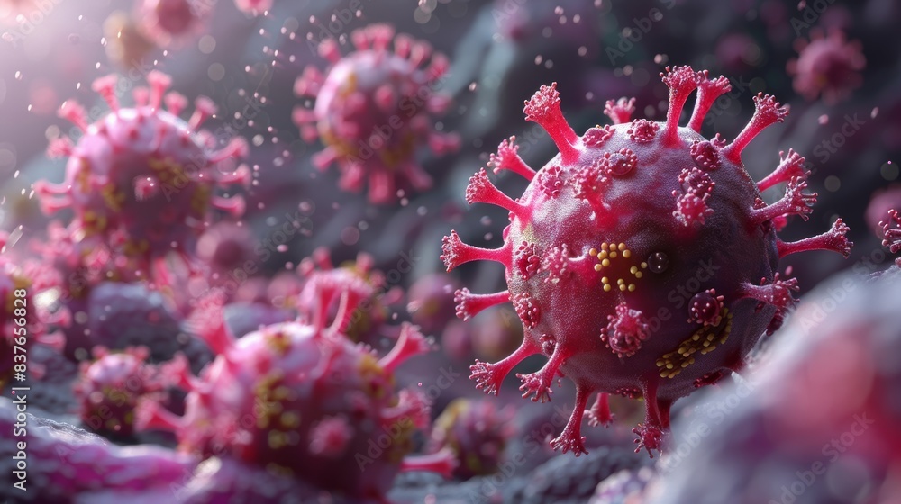 A scientific 3D illustration of a virus attaching to host cell receptors using viral proteins and enzymes, illustrating the initial stages of infection. A scientific 3D illustration of a virus attaching to host cell receptors using viral proteins and enzymes, illustrating the initial stages of infection.