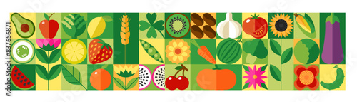 Food pattern. Abstract fruits and vegetables. Square shapes collage. ECO line logo. Plant green leaves. Farm products. geometric mosaic tile. Agriculture natural ingredients. Vector Bauhaus background