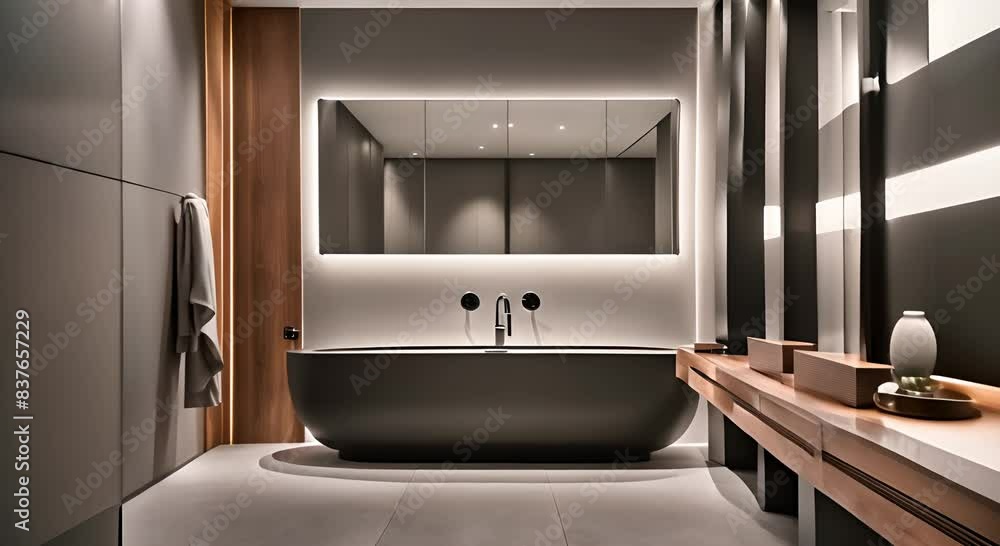 Cozy minimalist bathroom with wooden vanity and mirror Cozy minimalist bathroom with wooden vanity and mirror