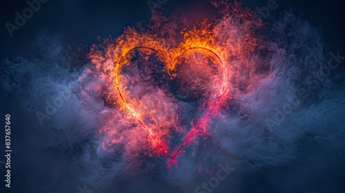  A heart formed from fire and smoke against a black backdrop On the image s left side  a red and yellow heart appears Elsewhere  a blue background houses white smoke