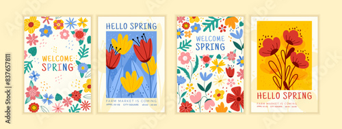 Spring graphic pattern. Card plant design. Easter holiday, summer poster. Flower abstract. Doodle colorful tulip, blossom botanical, paint bouquet. Farm market invitation. Vector garish design set