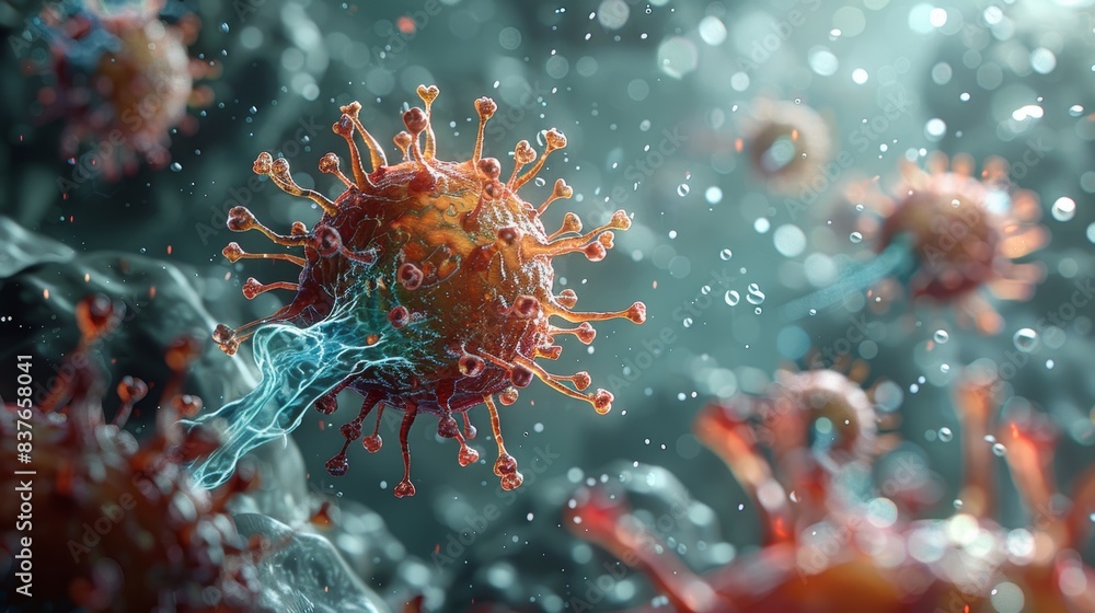 A conceptual 3D illustration of a virus entering a cell and replicating, depicting the process of infection in a clear and educational manner. A conceptual 3D illustration of a virus entering a cell and replicating, depicting the process of infection in a clear and educational manner.