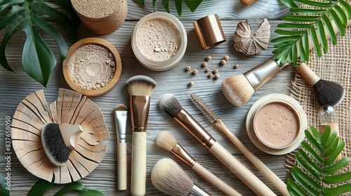 Close-up of cruelty-free makeup products displayed with natural fibers and wooden accessories, emphasizing sustainability