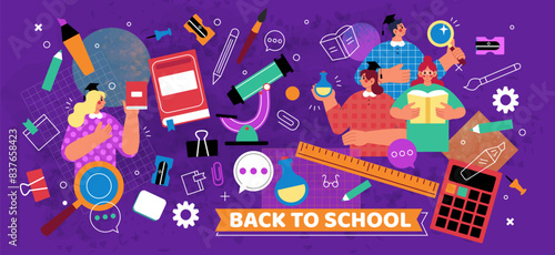 Back to school. Education background. University students. Read books. Chemistry lab. Stationery for studying. Children with magnifier and textbooks. Lessons learning. Vector tidy smart schoolchildren