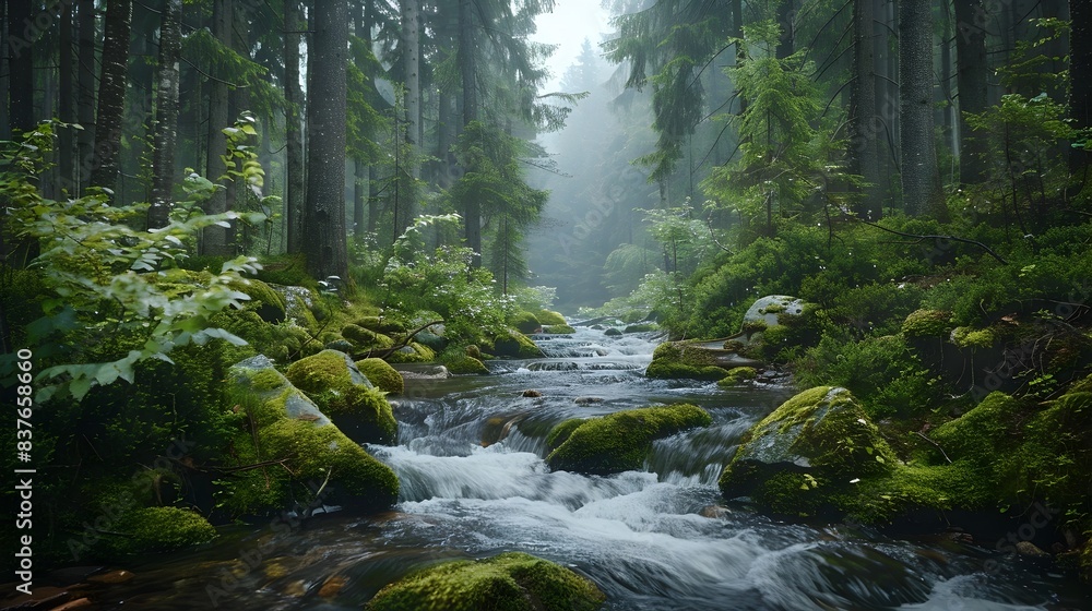 Obraz premium Tranquil Mountain Stream Winding Through Lush Mossy Forest Scenery with Cascading Waters and Natural Serenity